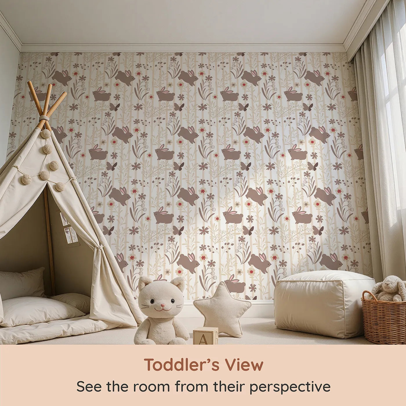 Whimsy Tots Meadow Hop Bunnies Wallpaper in Cream (W3071A) from your child's view.Soft brown bunnies and wildflowers bring a sweet woodland charm.