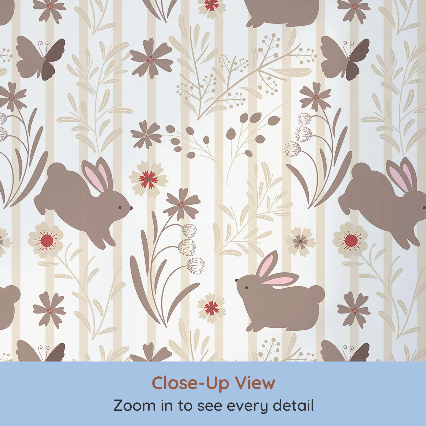 Close-up view of Whimsy Tots' Meadow Hop Bunnies Wallpaper in Cream (W3071A).Soft brown bunnies and wildflowers bring a sweet woodland charm.