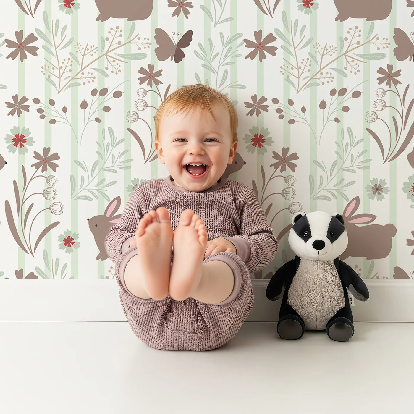 Lovely child standing in front of Whimsy Tots Meadow Hop Bunnies Wallpaper in Sage Green with rabbit, flower, bunny, leaf, stripe in design.