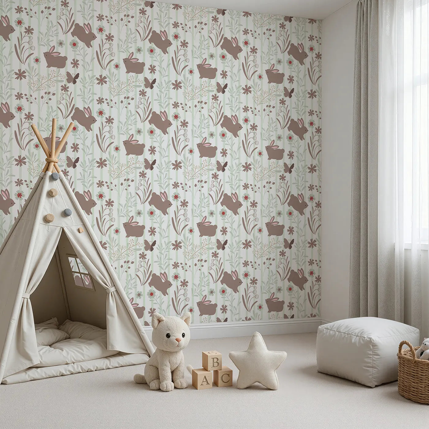 Angled view of Whimsy Tots' Meadow Hop Bunnies Wallpaper in Sage Green (W3071B).Soft brown bunnies and leafy greens invite gentle play and quiet moments.