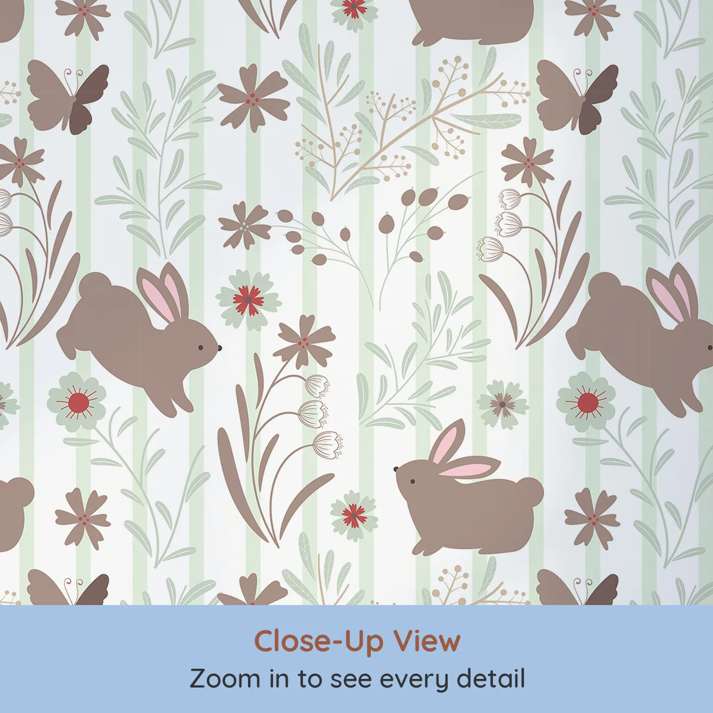 Close-up view of Whimsy Tots' Meadow Hop Bunnies Wallpaper in Sage Green (W3071B).Soft brown bunnies and leafy greens invite gentle play and quiet moments.