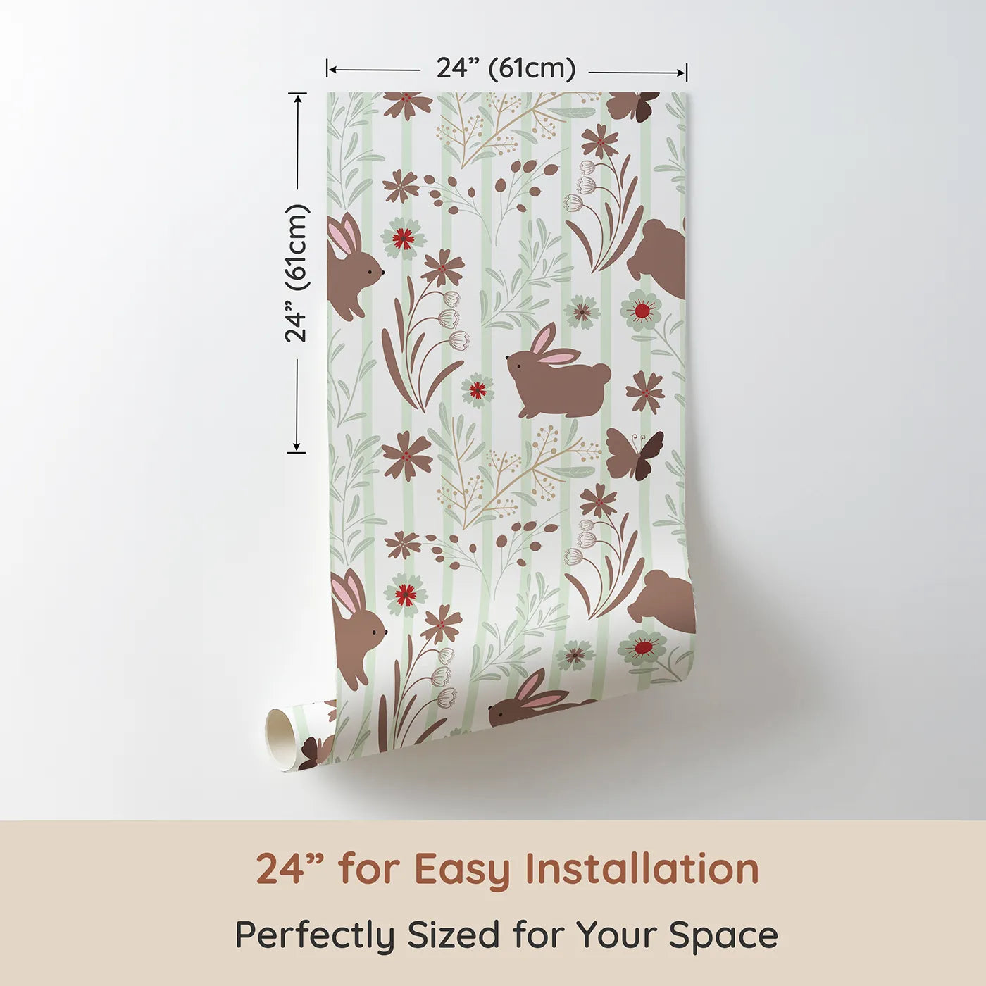 Dimension view of Whimsy Tots Meadow Hop Bunnies Wallpaper in Sage Green (W3071B). Printed in 24-inch-wide panel for easy installation. Soft brown bunnies and leafy greens invite gentle play and quiet moments.