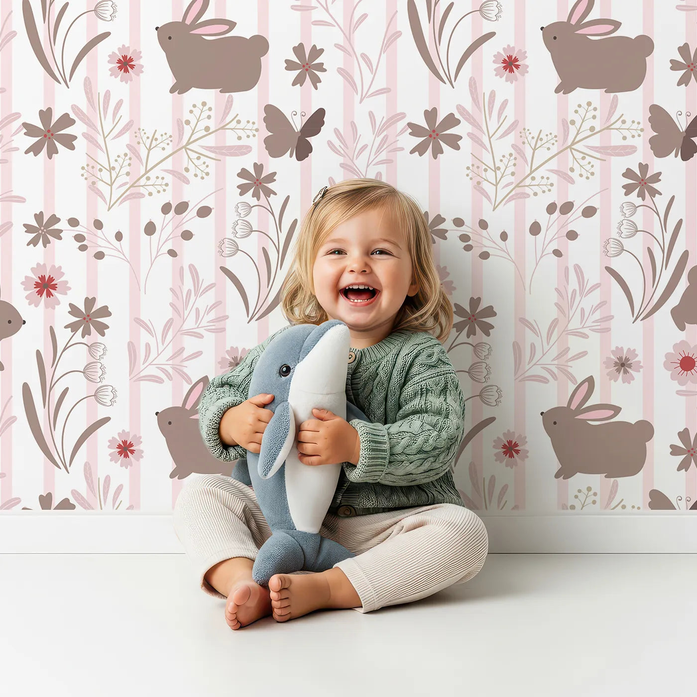 Lovely child standing in front of Whimsy Tots Meadow Hop Bunnies Wallpaper in Blush Pink with rabbit, flower, bunny, leaf, stripe in design.