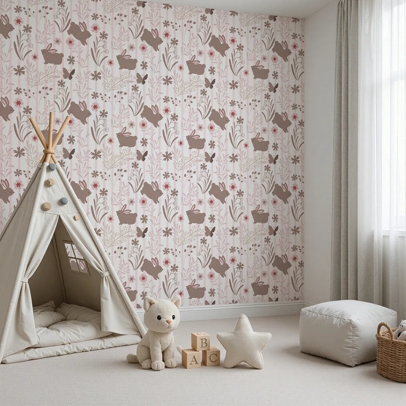 Angled view of Whimsy Tots' Meadow Hop Bunnies Wallpaper in Blush Pink (W3071C).Warm blush tones and playful bunnies turn walls into a sweet forest escape.