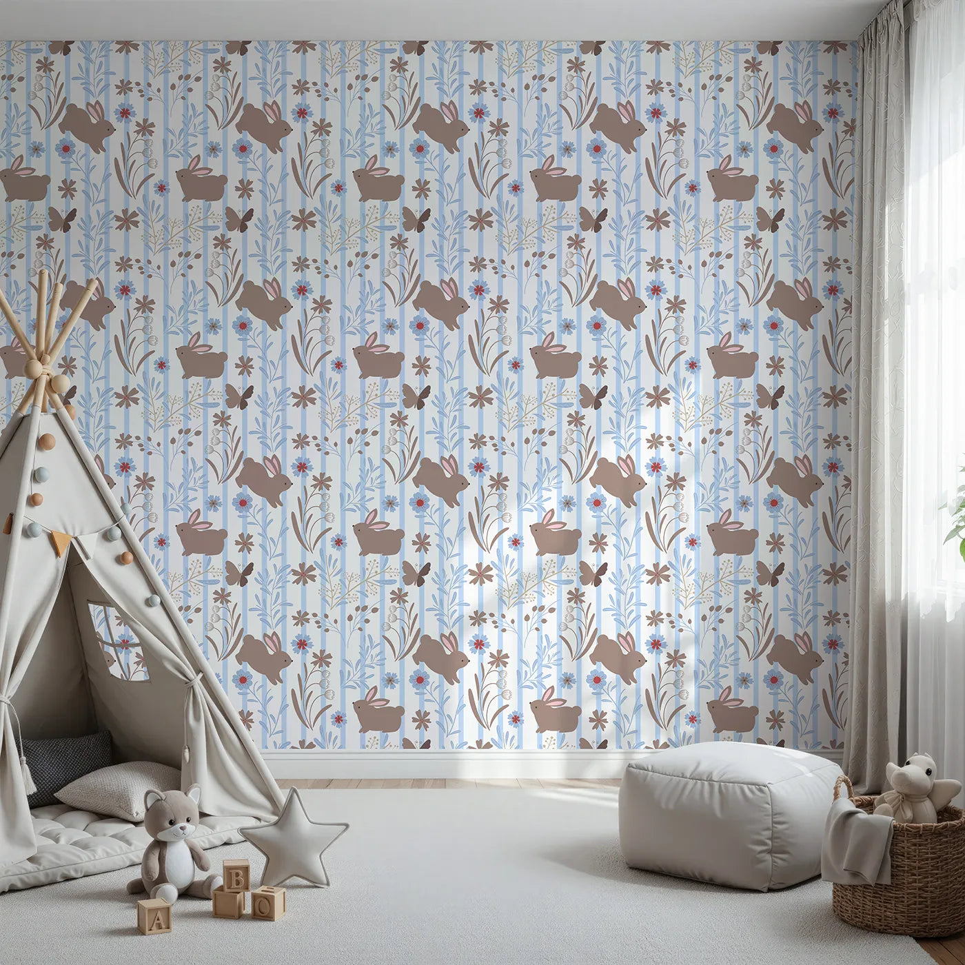 Front view of Whimsy Tots' Meadow Hop Bunnies Wallpaper in Sky Blue