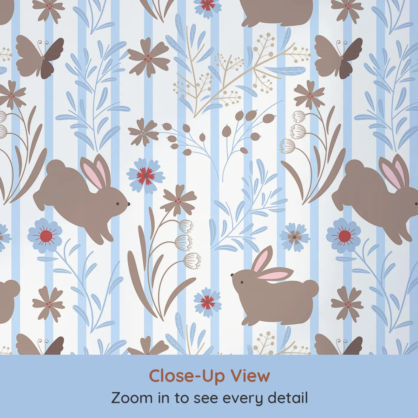 Close-up view of Whimsy Tots' Meadow Hop Bunnies Wallpaper in Sky Blue (W3071D).Cool sky blues and bouncy bunnies bring freshness and joy to their space.