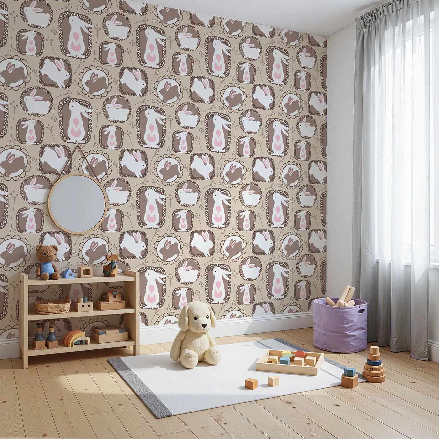 Angled view of Whimsy Tots' Framed Bunny Whimsy Wallpaper in Beige (W3072A).Sweet bunnies peek from picture frames in a warm and cuddly woodland scene.