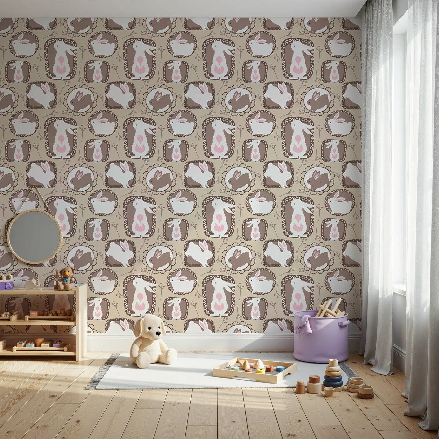 Front view of Whimsy Tots' Framed Bunny Whimsy Wallpaper in Beige