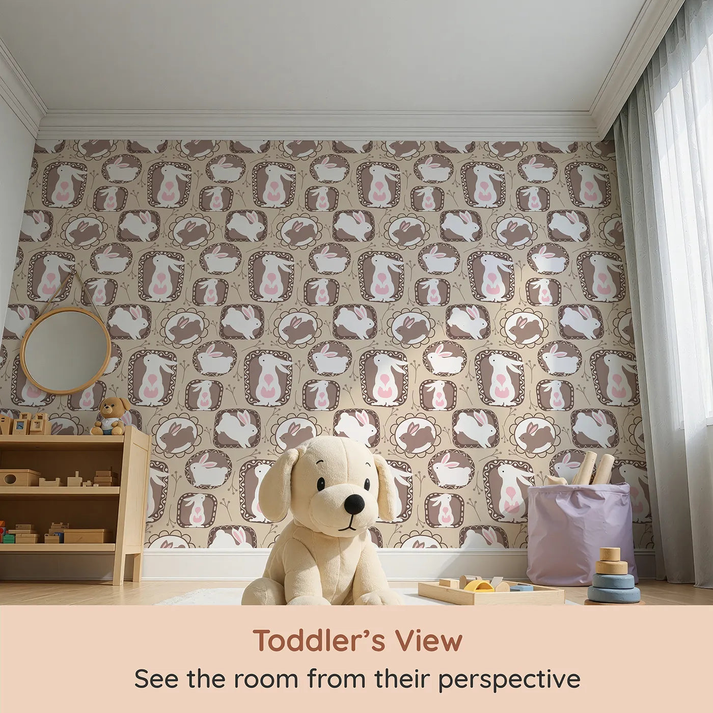 Whimsy Tots Framed Bunny Whimsy Wallpaper in Beige (W3072A) from your child's view.Sweet bunnies peek from picture frames in a warm and cuddly woodland scene.