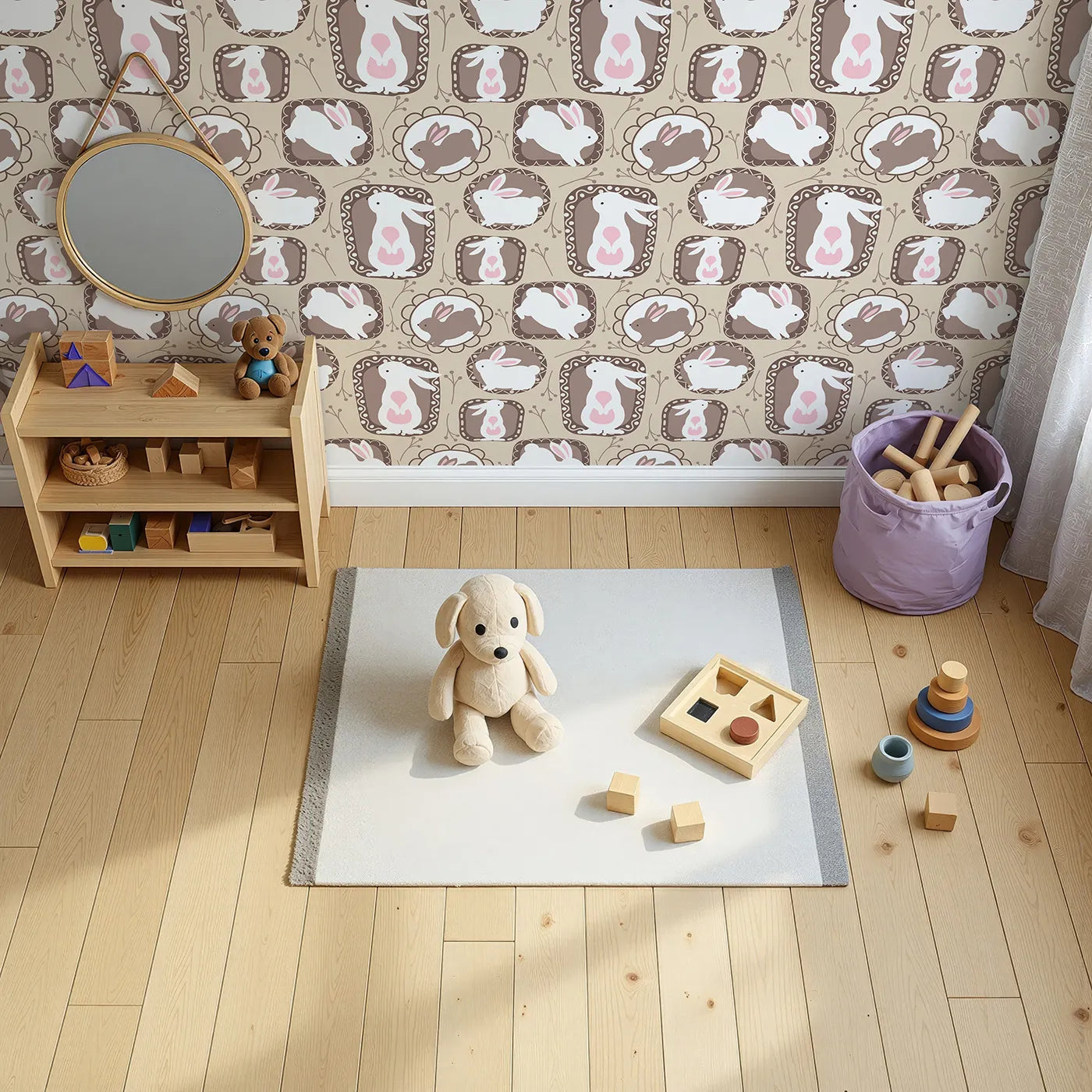Top-Down view of Whimsy Tots' Framed Bunny Whimsy Wallpaper in Beige (W3072A).Sweet bunnies peek from picture frames in a warm and cuddly woodland scene.