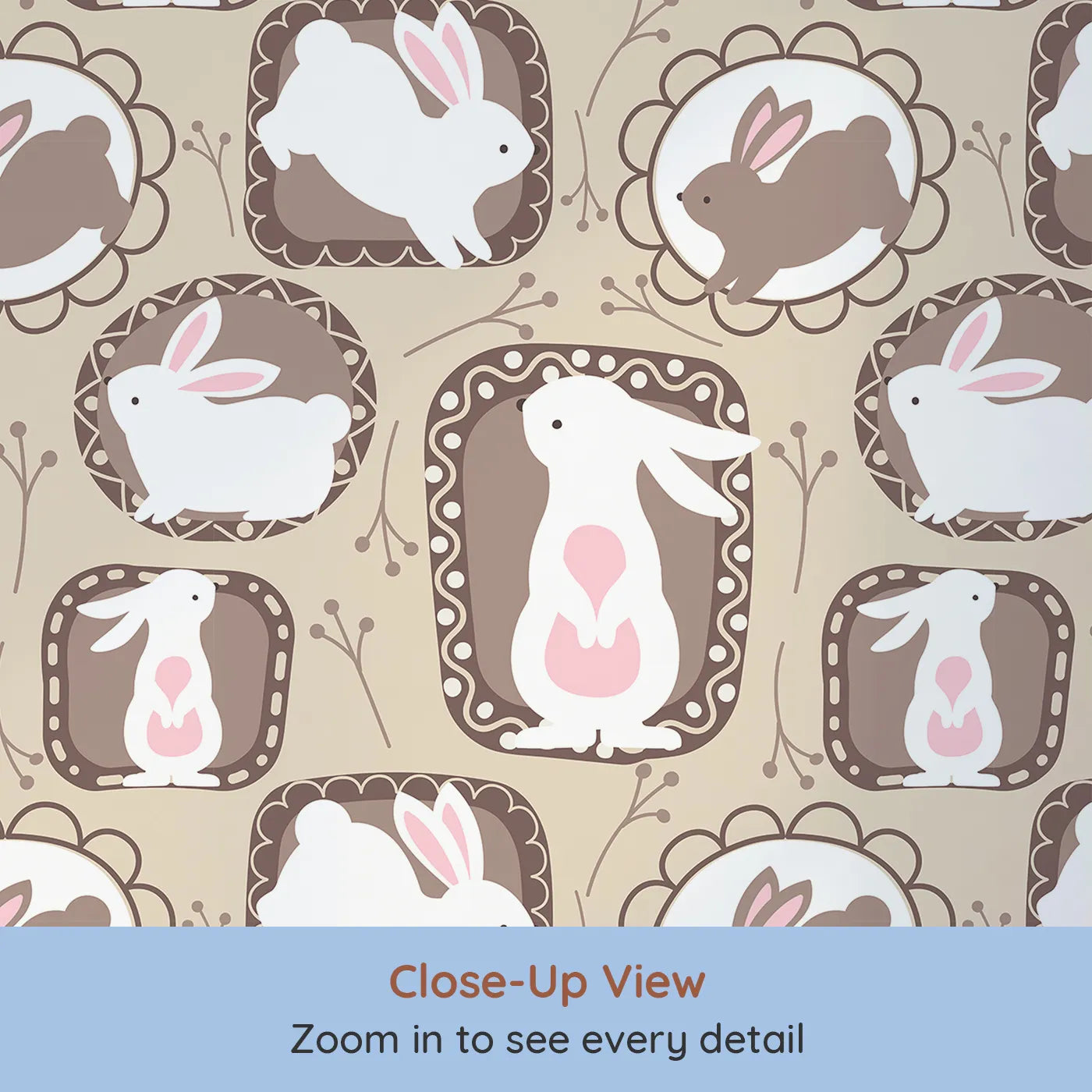 Close-up view of Whimsy Tots' Framed Bunny Whimsy Wallpaper in Beige (W3072A).Sweet bunnies peek from picture frames in a warm and cuddly woodland scene.