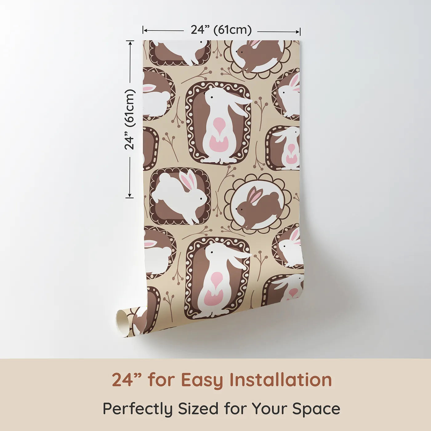 Dimension view of Whimsy Tots Framed Bunny Whimsy Wallpaper in Beige (W3072A). Printed in 24-inch-wide panel for easy installation. Sweet bunnies peek from picture frames in a warm and cuddly woodland scene.