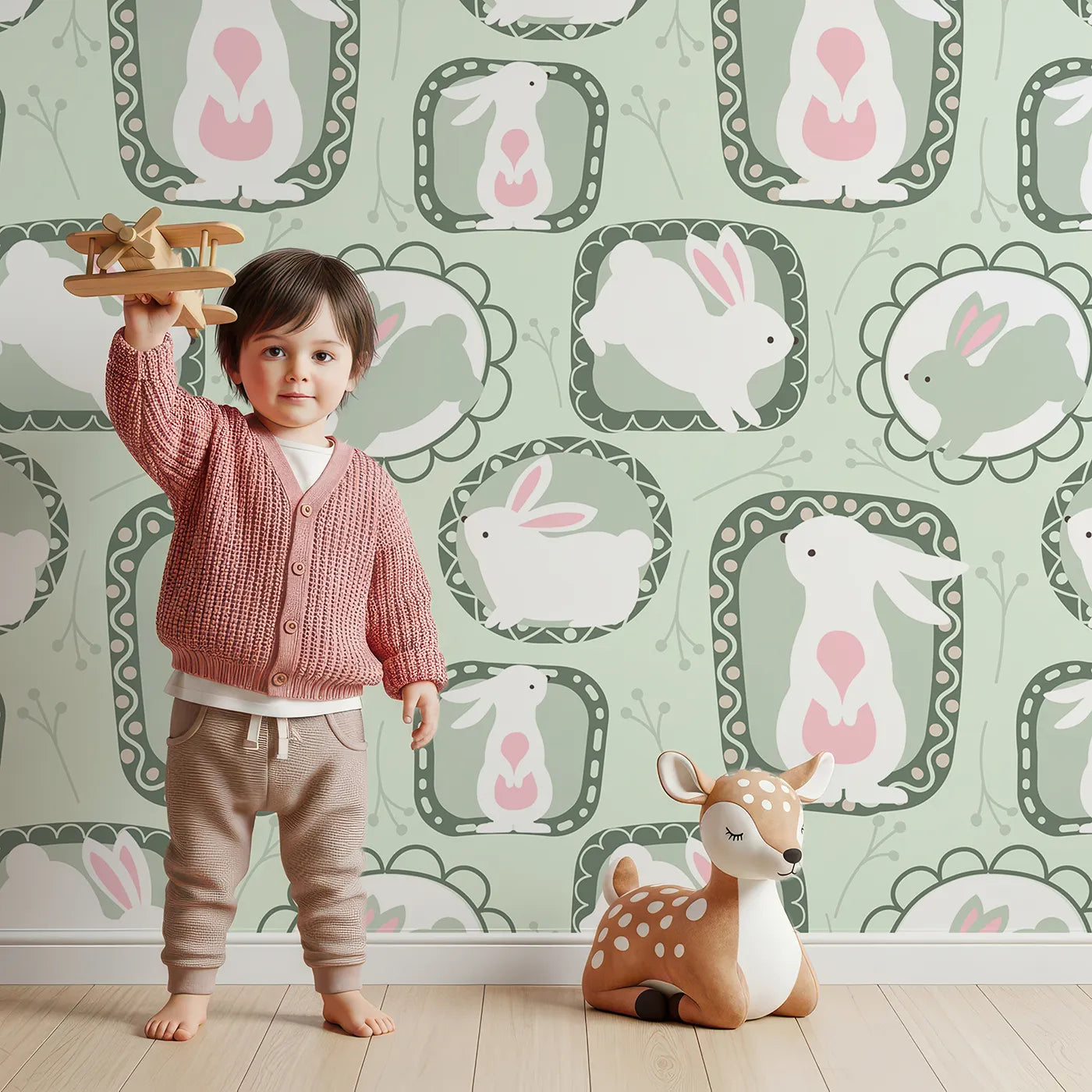 Lovely child standing in front of Whimsy Tots Framed Bunny Whimsy Wallpaper in Mint Green with rabbit, frame, bunny, flower, twig in design.