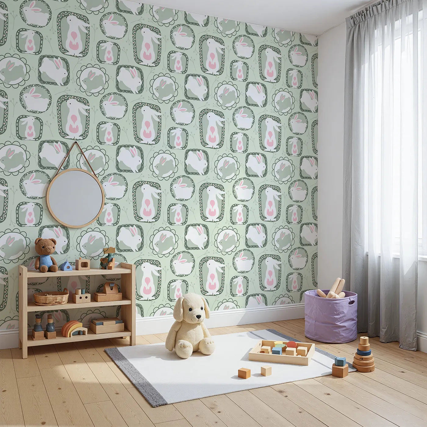 Angled view of Whimsy Tots' Framed Bunny Whimsy Wallpaper in Mint Green (W3072B).White bunnies hop through playful mint frames in a fresh woodland dream.
