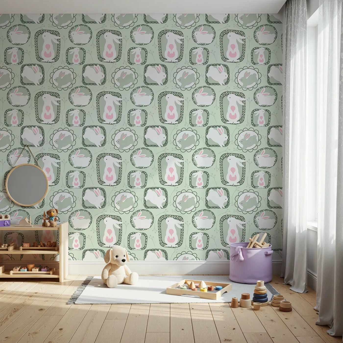 Front view of Whimsy Tots' Framed Bunny Whimsy Wallpaper in Mint Green