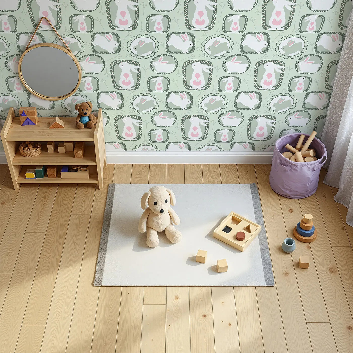 Top-Down view of Whimsy Tots' Framed Bunny Whimsy Wallpaper in Mint Green (W3072B).White bunnies hop through playful mint frames in a fresh woodland dream.