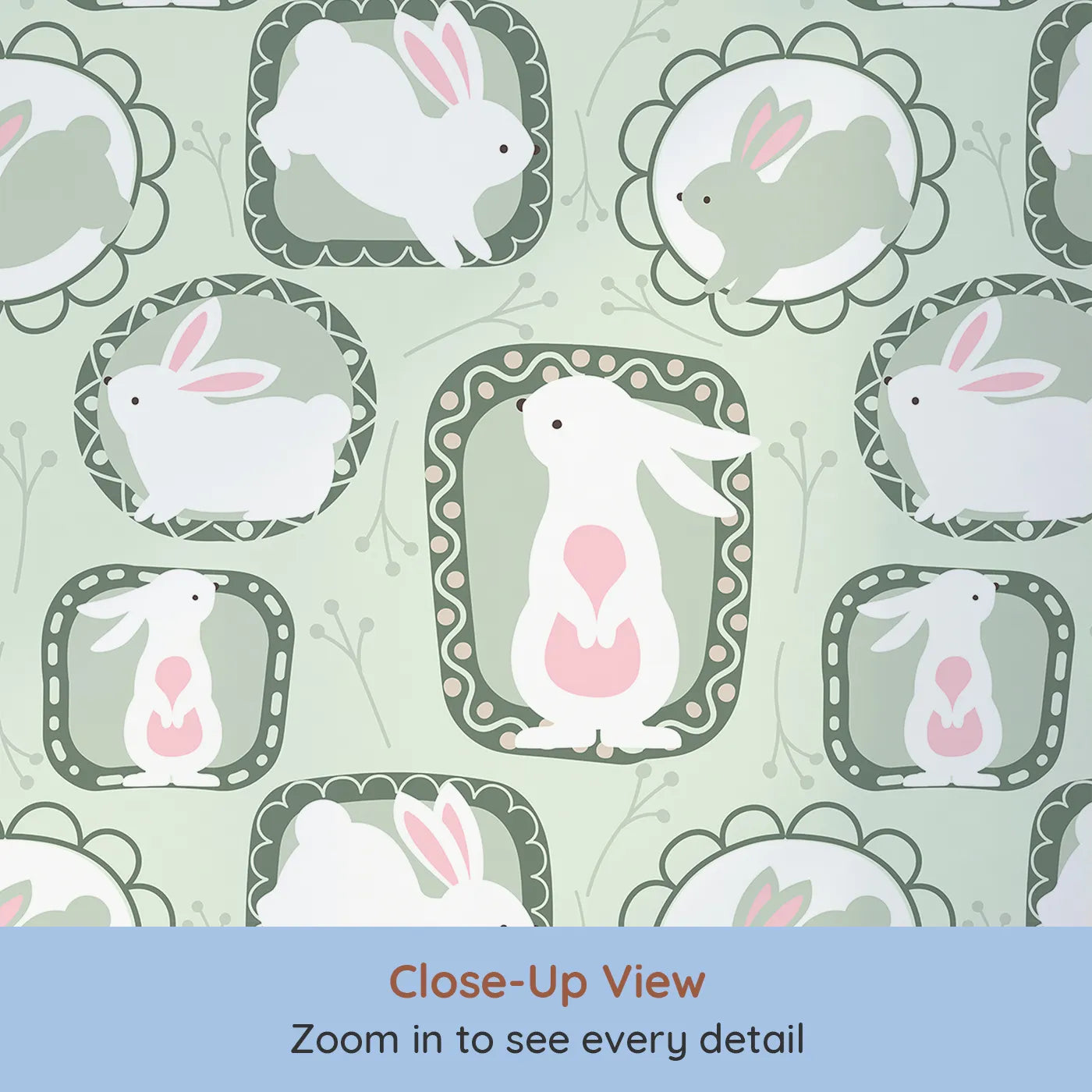 Close-up view of Whimsy Tots' Framed Bunny Whimsy Wallpaper in Mint Green (W3072B).White bunnies hop through playful mint frames in a fresh woodland dream.