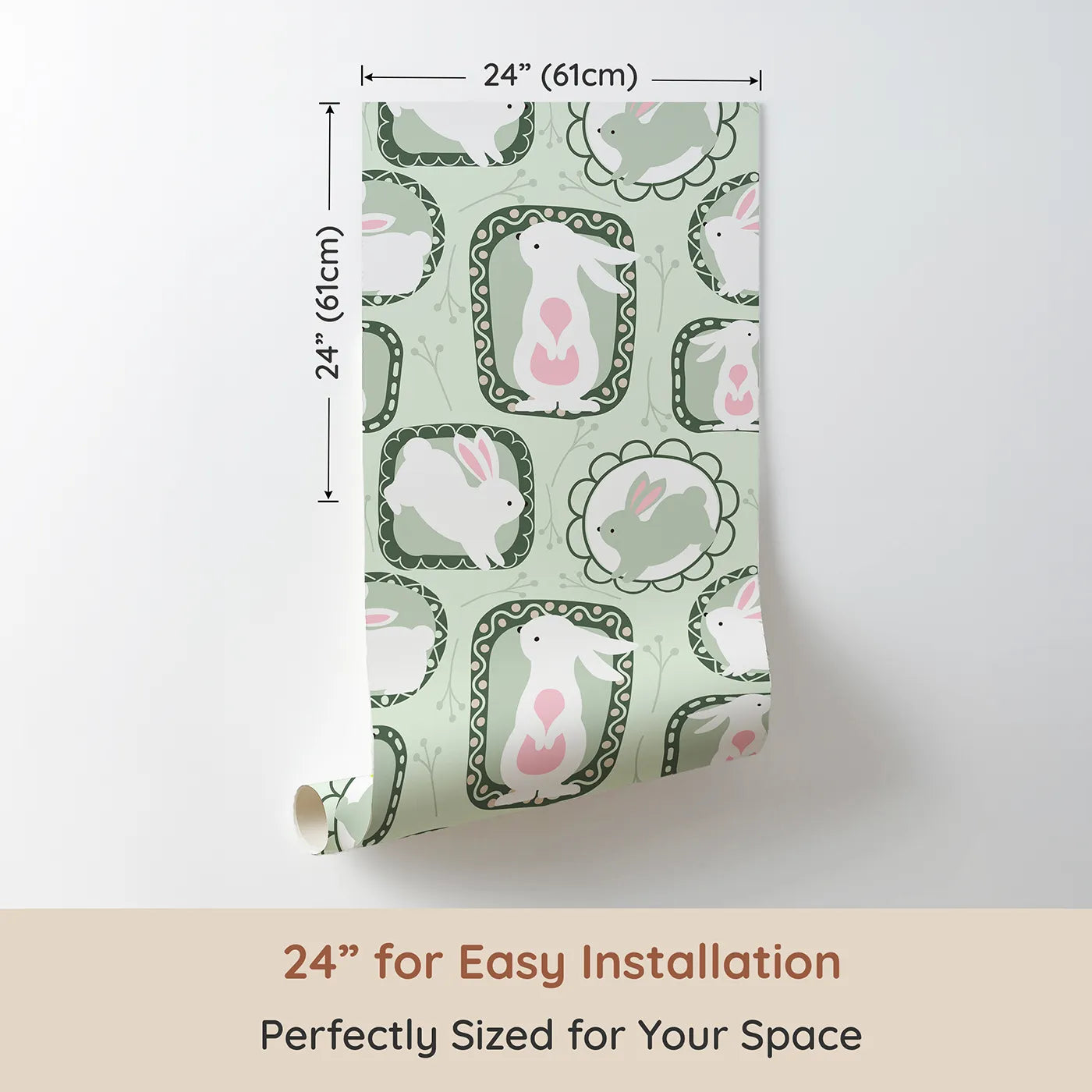 Dimension view of Whimsy Tots Framed Bunny Whimsy Wallpaper in Mint Green (W3072B). Printed in 24-inch-wide panel for easy installation. White bunnies hop through playful mint frames in a fresh woodland dream.