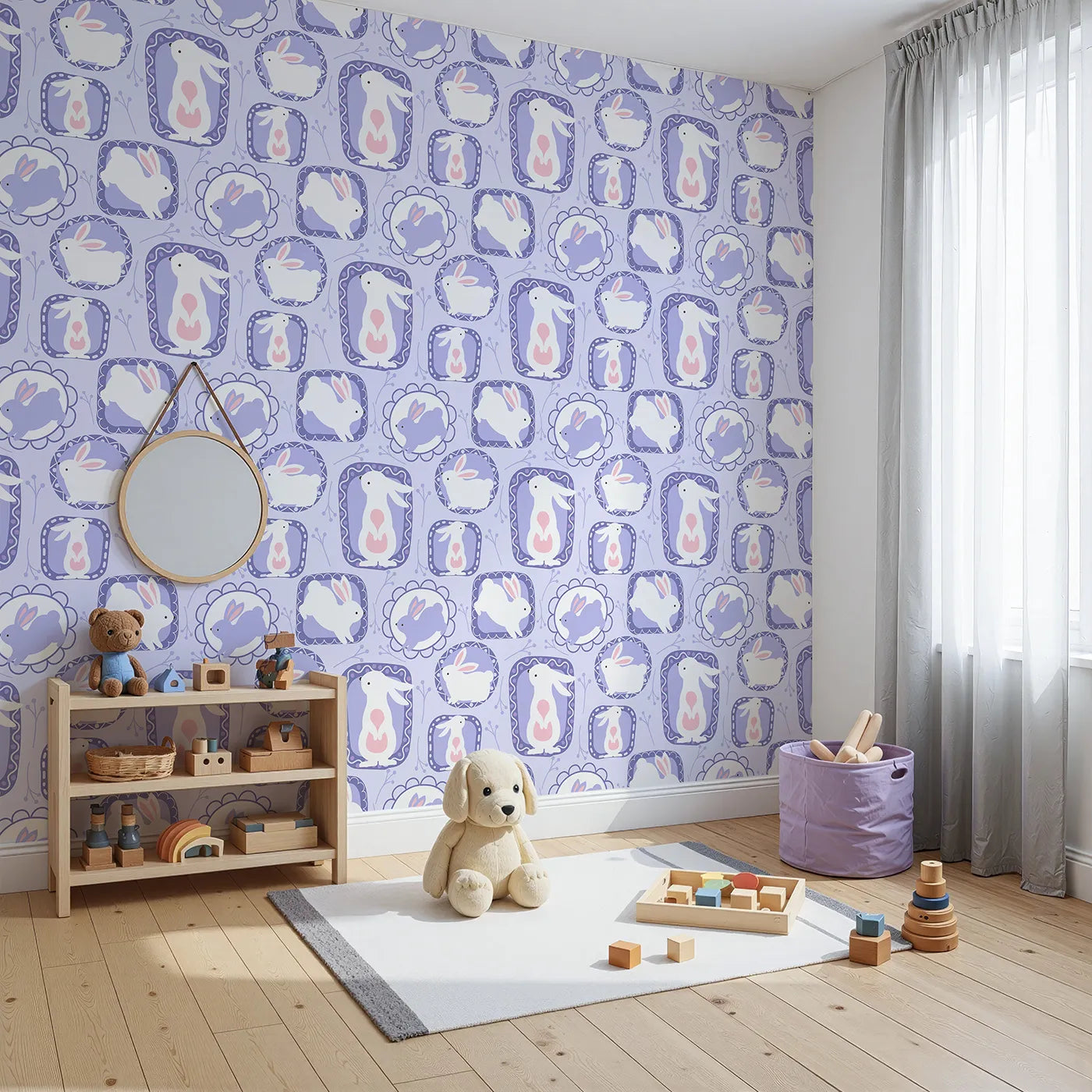 Angled view of Whimsy Tots' Framed Bunny Whimsy Wallpaper in Lavender (W3072C).White bunnies in lilac frames bring gentle charm and storybook magic.