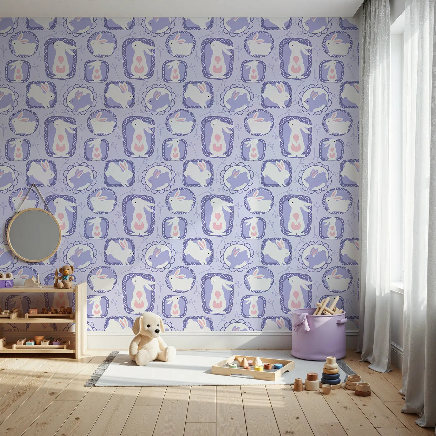 Front view of Whimsy Tots' Framed Bunny Whimsy Wallpaper in Lavender