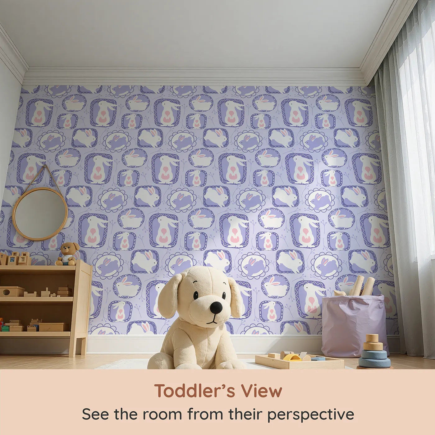 Whimsy Tots Framed Bunny Whimsy Wallpaper in Lavender (W3072C) from your child's view.White bunnies in lilac frames bring gentle charm and storybook magic.