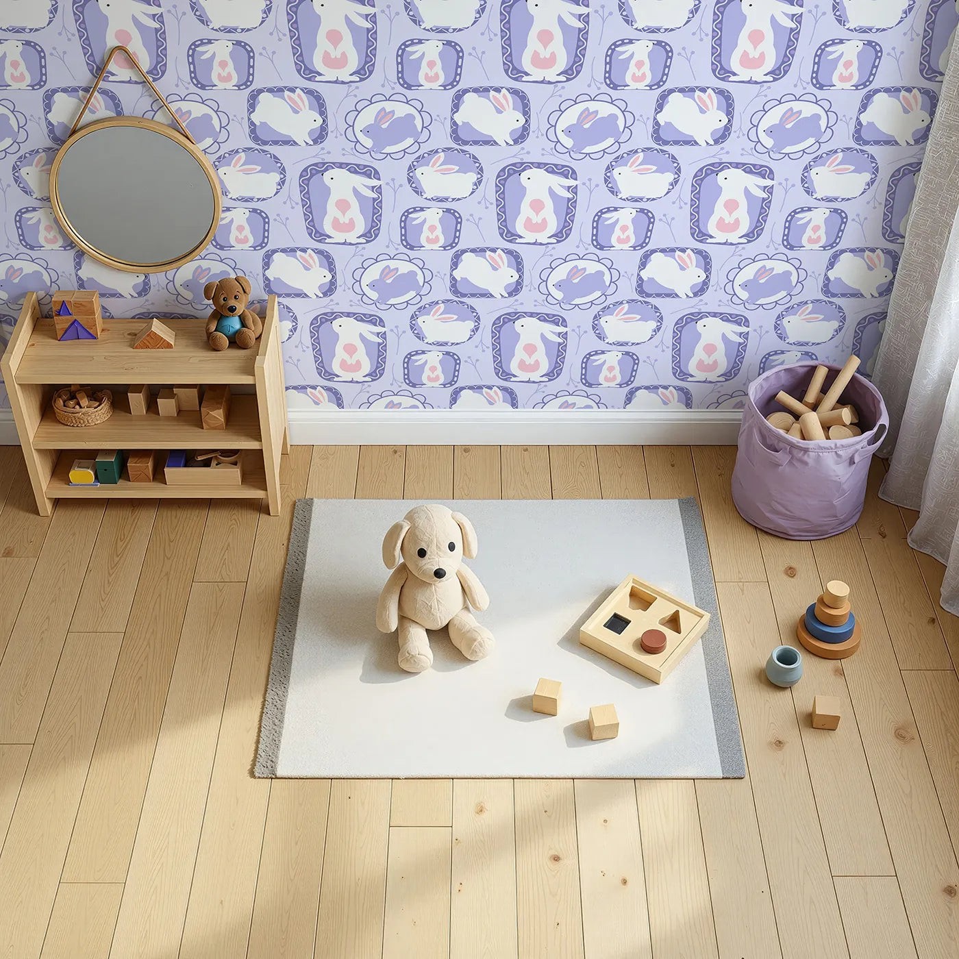 Top-Down view of Whimsy Tots' Framed Bunny Whimsy Wallpaper in Lavender (W3072C).White bunnies in lilac frames bring gentle charm and storybook magic.