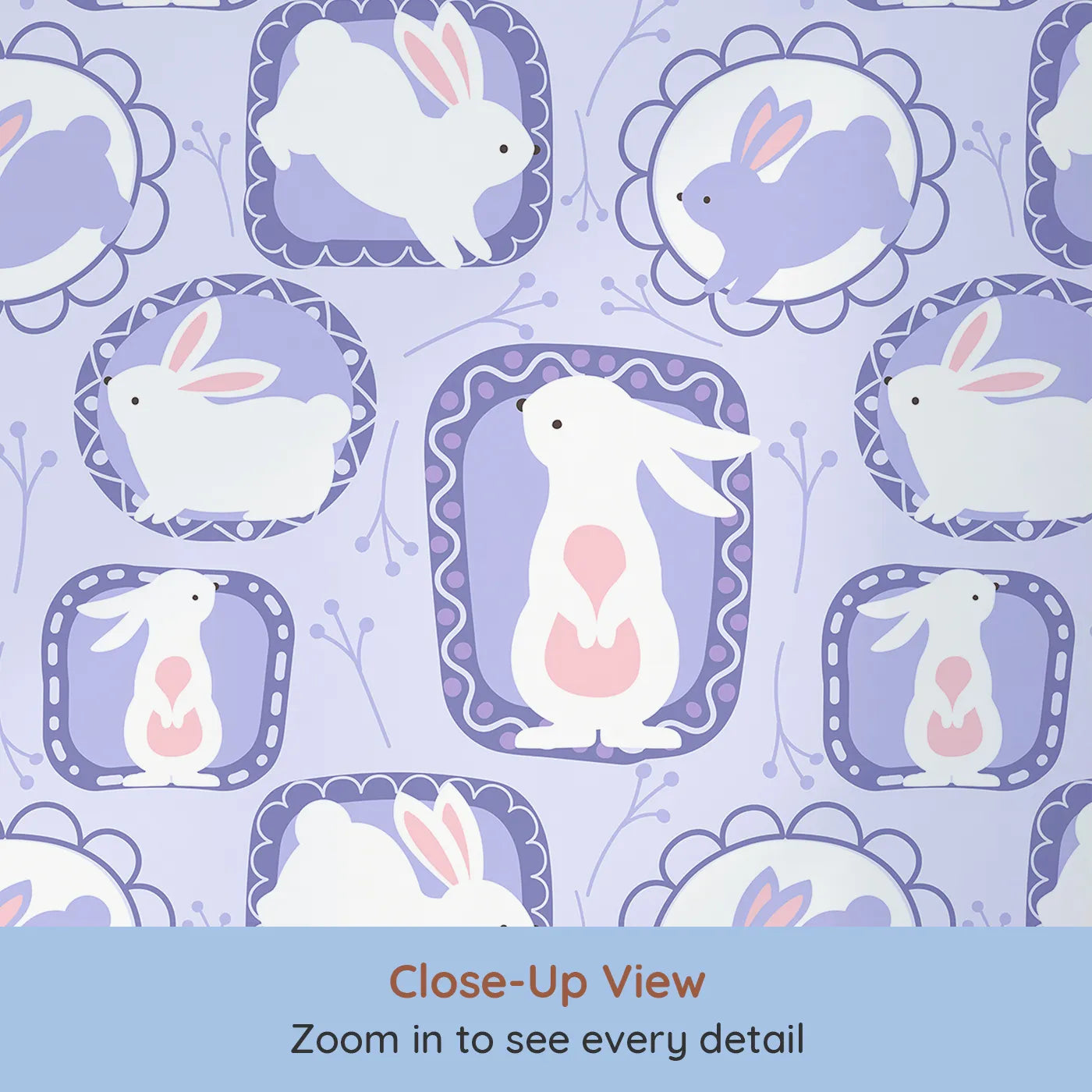 Close-up view of Whimsy Tots' Framed Bunny Whimsy Wallpaper in Lavender (W3072C).White bunnies in lilac frames bring gentle charm and storybook magic.