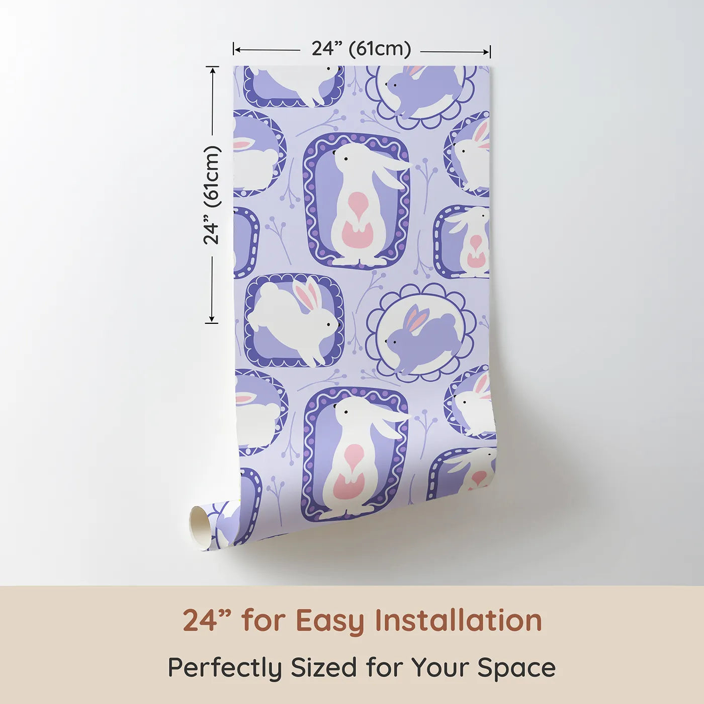 Dimension view of Whimsy Tots Framed Bunny Whimsy Wallpaper in Lavender (W3072C). Printed in 24-inch-wide panel for easy installation. White bunnies in lilac frames bring gentle charm and storybook magic.