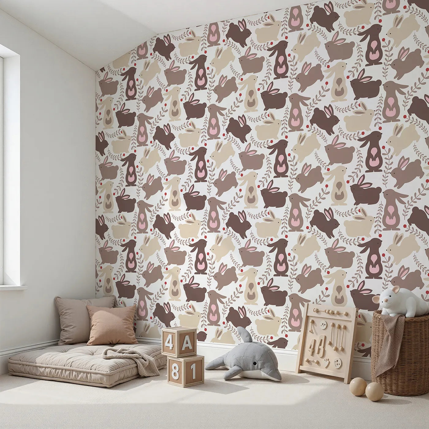 Angled view of Whimsy Tots' Berry Bunny Parade Wallpaper in Cocoa (W3073).A joyful bunny gathering with berry sprigs and forest charm.