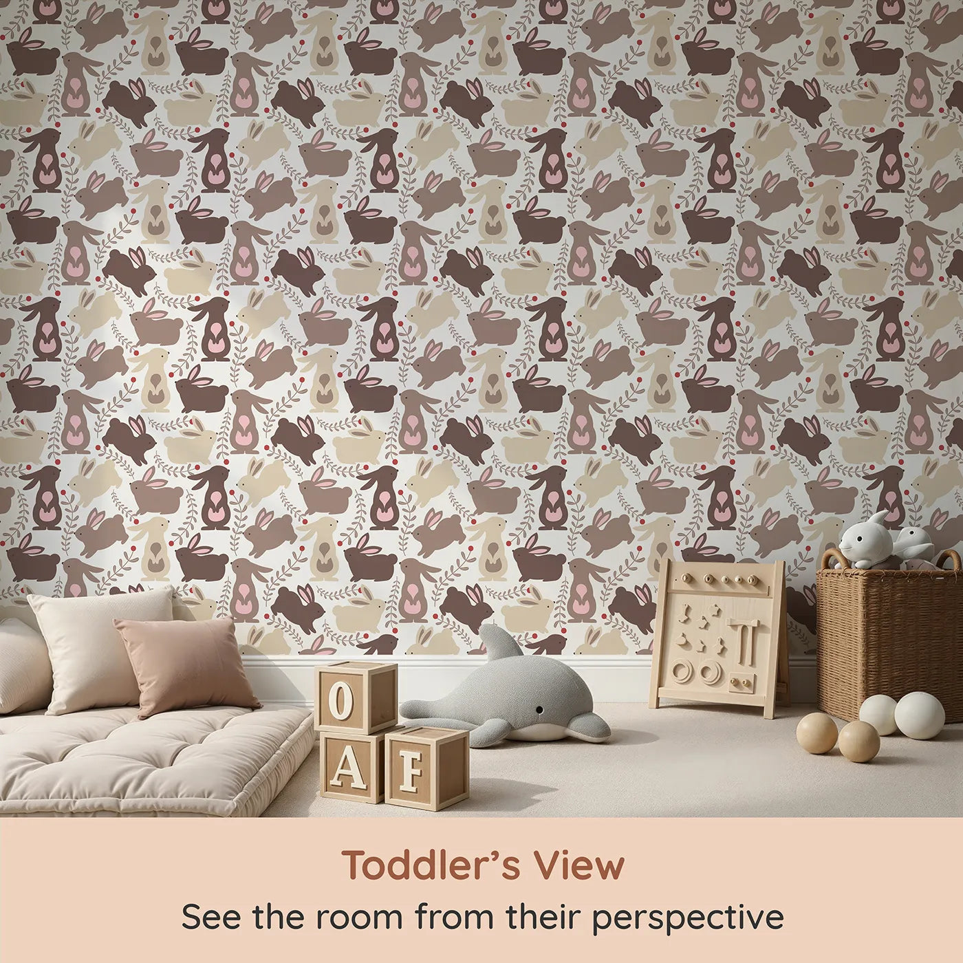 Whimsy Tots Berry Bunny Parade Wallpaper in Cocoa (W3073) from your child's view.A joyful bunny gathering with berry sprigs and forest charm.