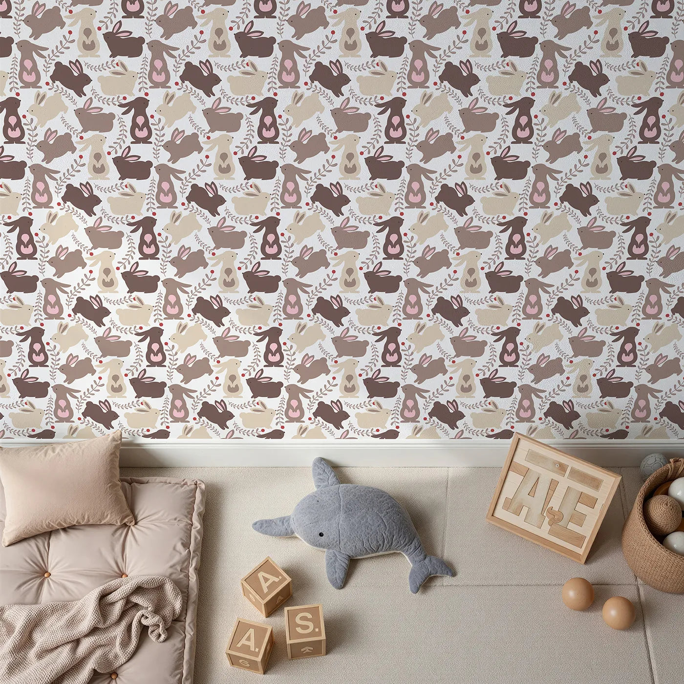 Top-Down view of Whimsy Tots' Berry Bunny Parade Wallpaper in Cocoa (W3073).A joyful bunny gathering with berry sprigs and forest charm.
