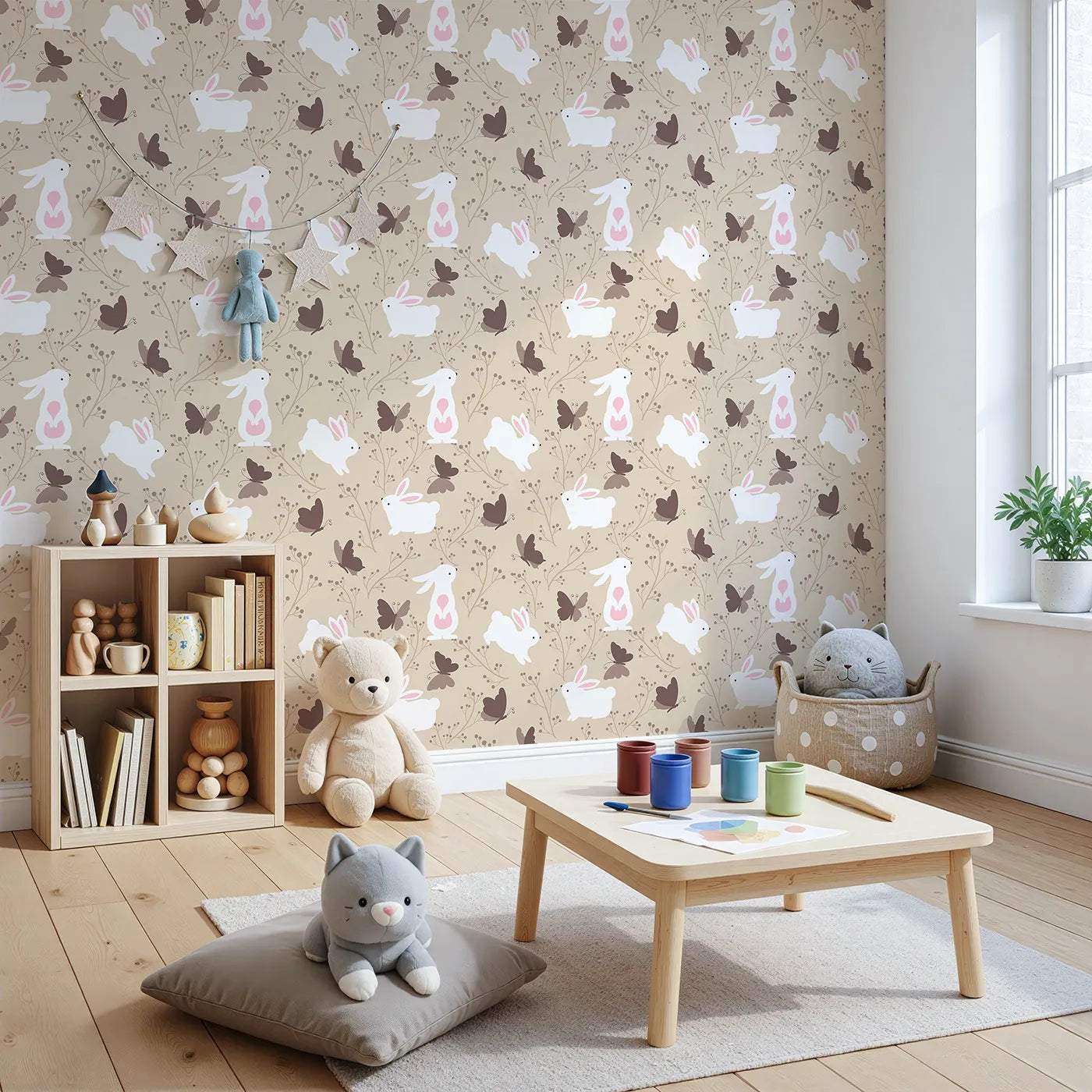 Angled view of Whimsy Tots' Bunny and Butterfly Meadow Wallpaper in Beige (W3074A).White bunnies and cocoa butterflies flutter through a peaceful beige garden.