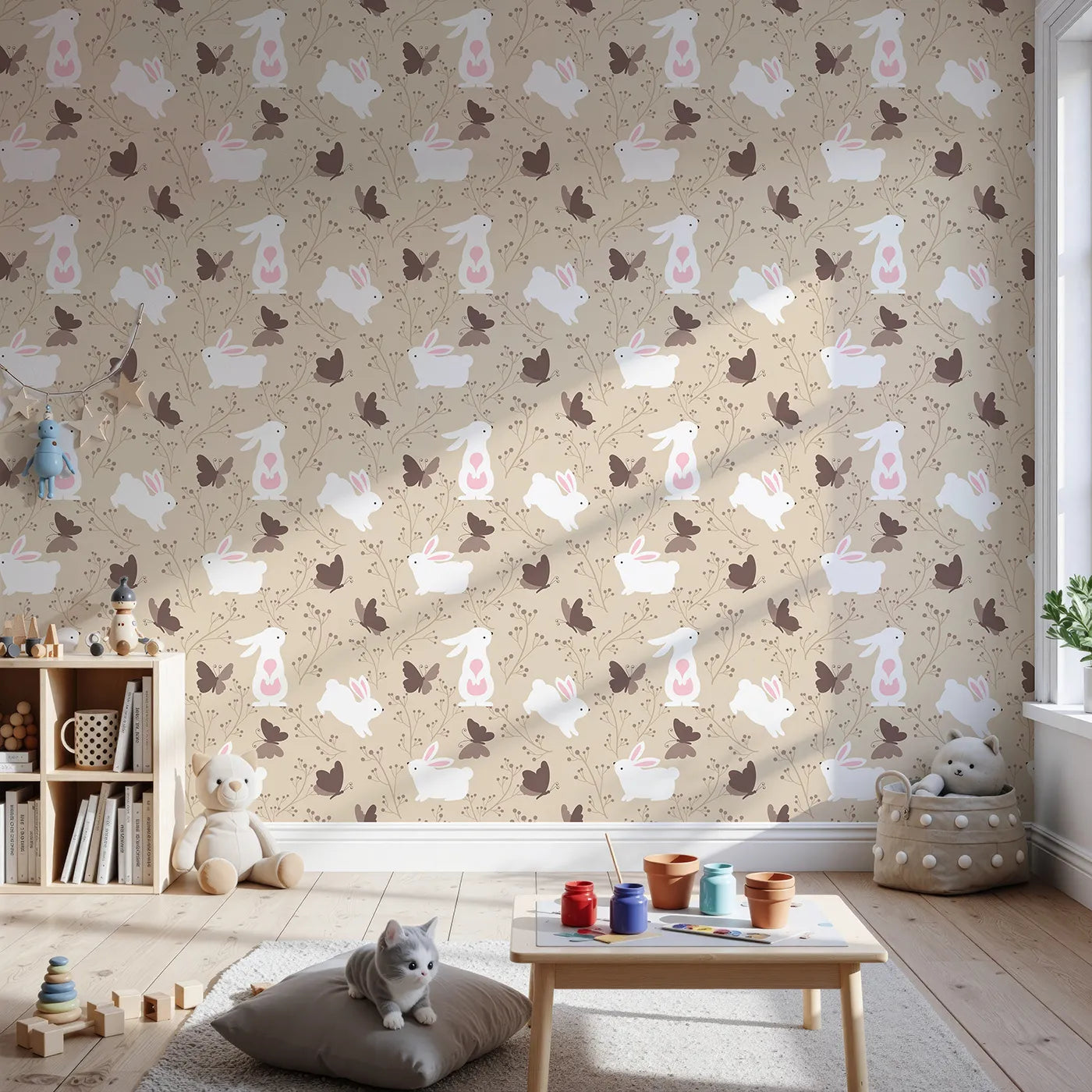 Front view of Whimsy Tots' Bunny and Butterfly Meadow Wallpaper in Beige