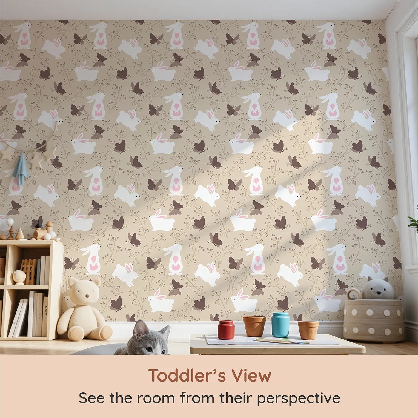 Whimsy Tots Bunny and Butterfly Meadow Wallpaper in Beige (W3074A) from your child's view.White bunnies and cocoa butterflies flutter through a peaceful beige garden.