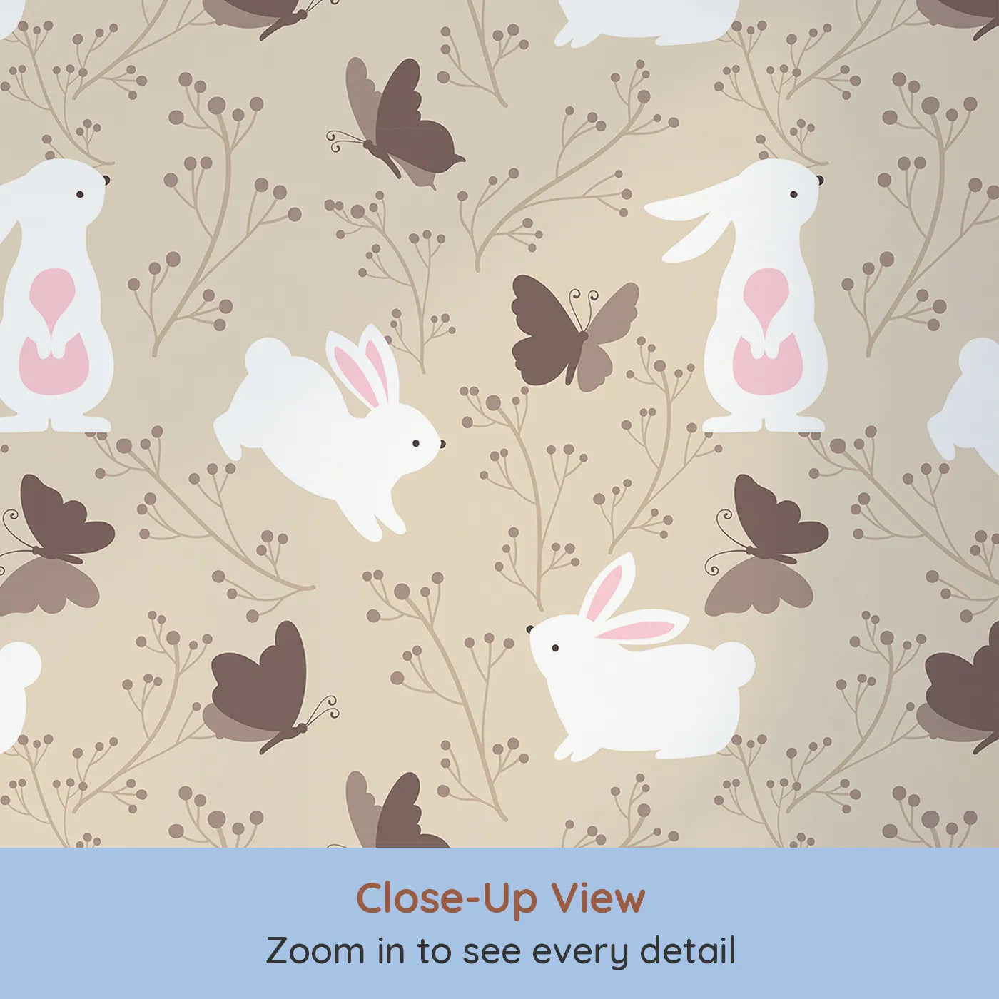 Close-up view of Whimsy Tots' Bunny and Butterfly Meadow Wallpaper in Beige (W3074A).White bunnies and cocoa butterflies flutter through a peaceful beige garden.