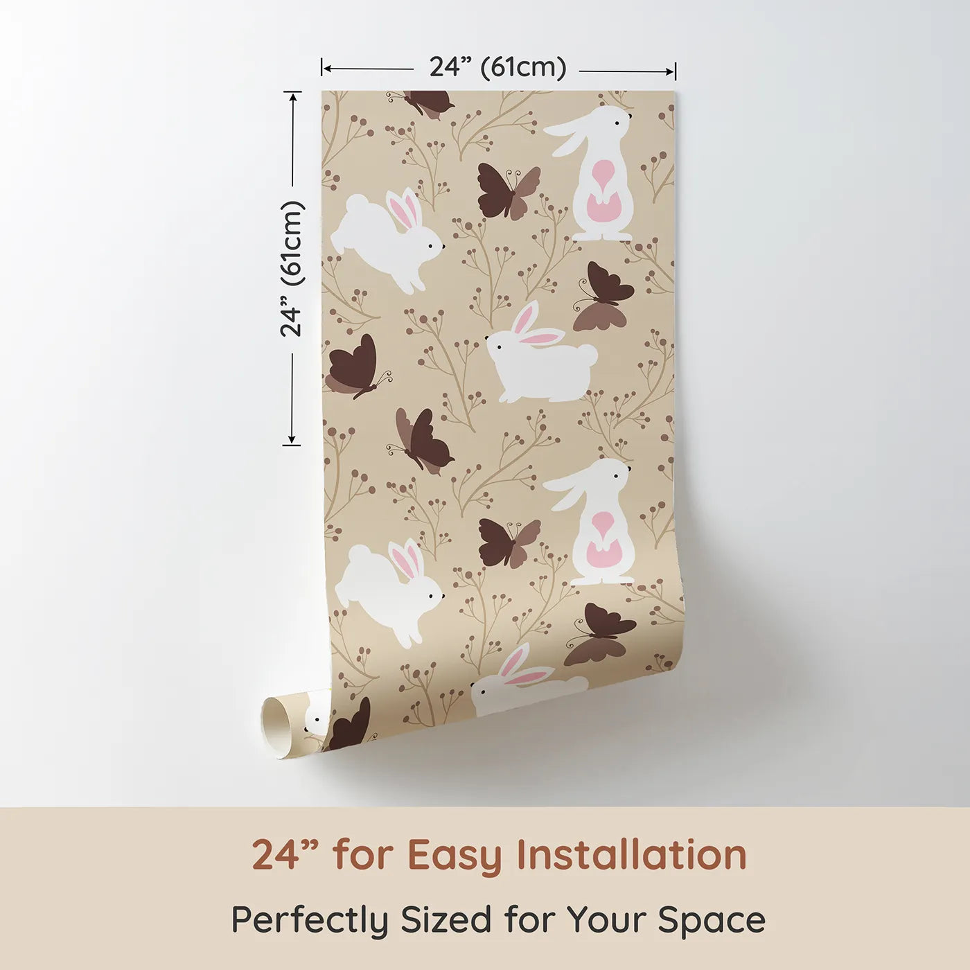 Dimension view of Whimsy Tots Bunny and Butterfly Meadow Wallpaper in Beige (W3074A). Printed in 24-inch-wide panel for easy installation. White bunnies and cocoa butterflies flutter through a peaceful beige garden.
