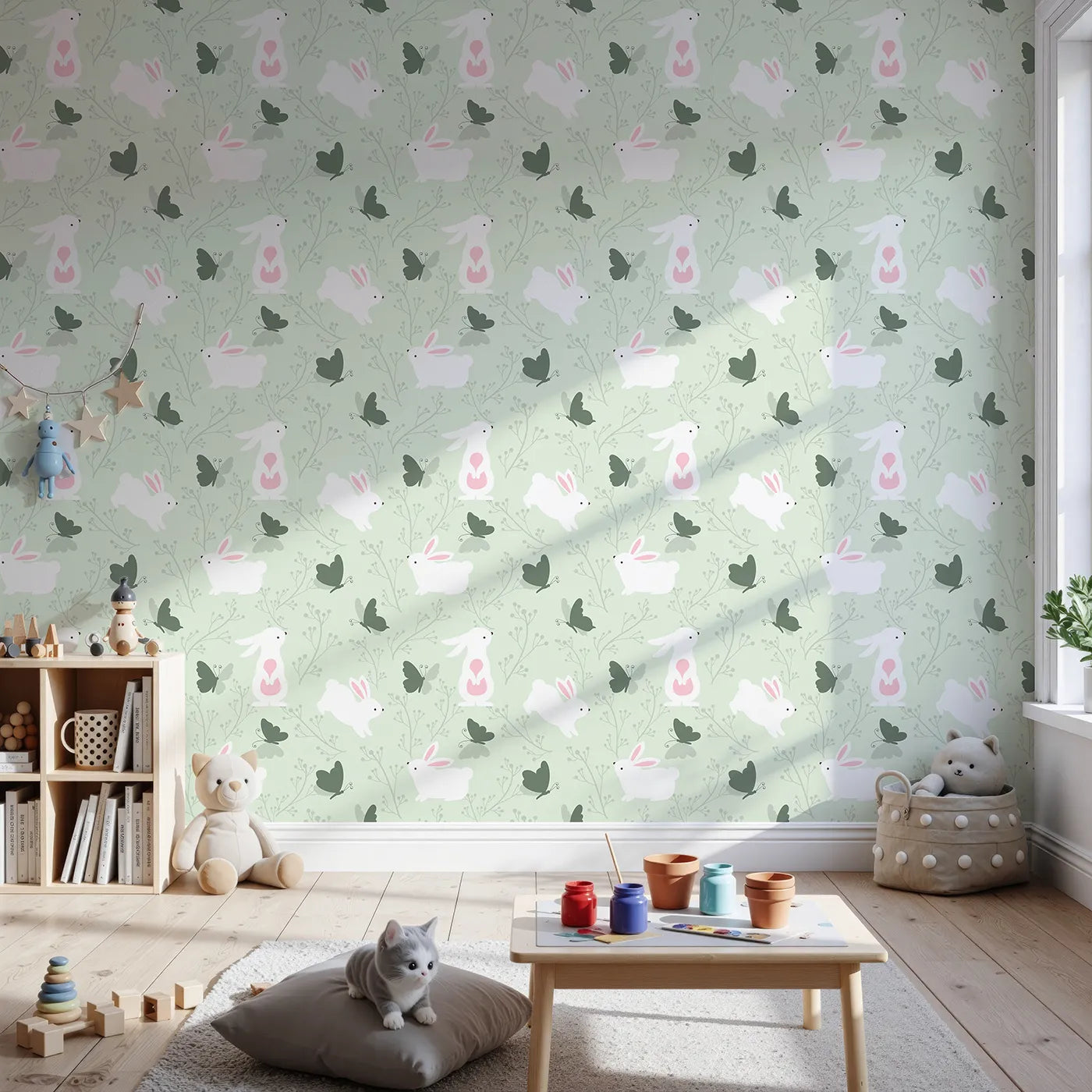 Front view of Whimsy Tots' Bunny and Butterfly Meadow Wallpaper in Mint Green