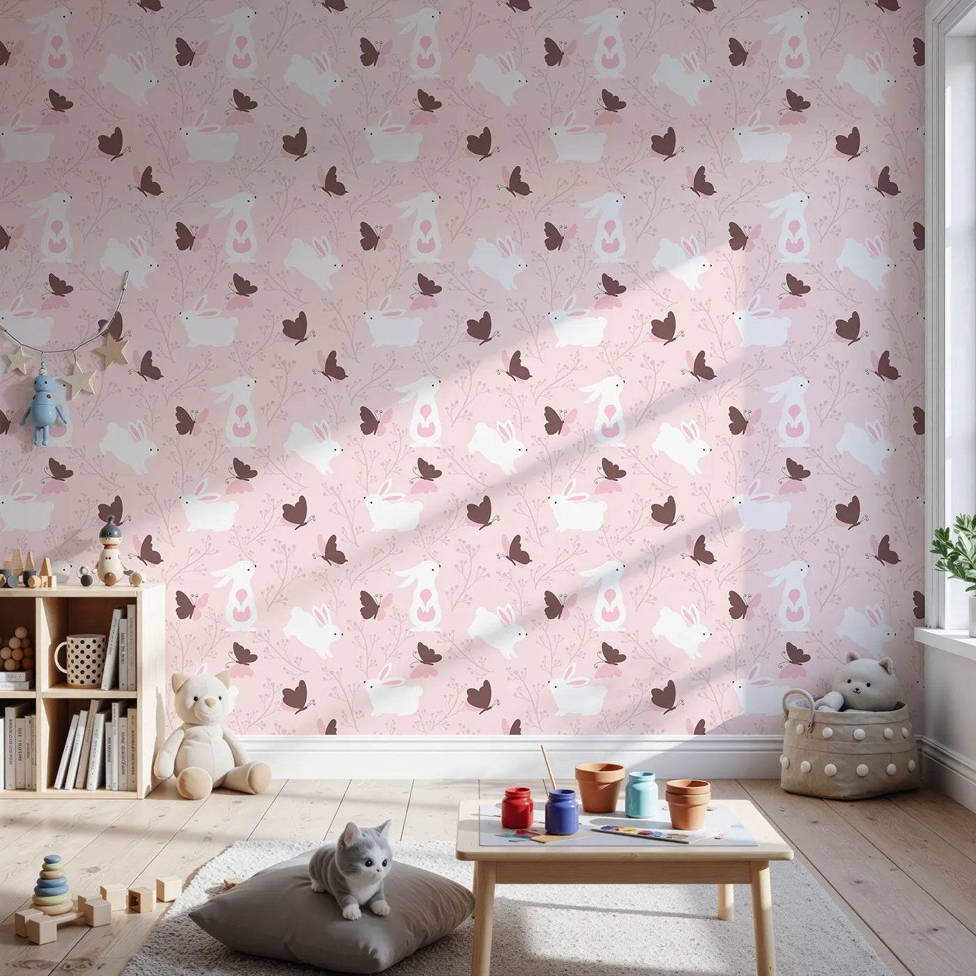 Front view of Whimsy Tots' Bunny and Butterfly Meadow Wallpaper in Blush Pink