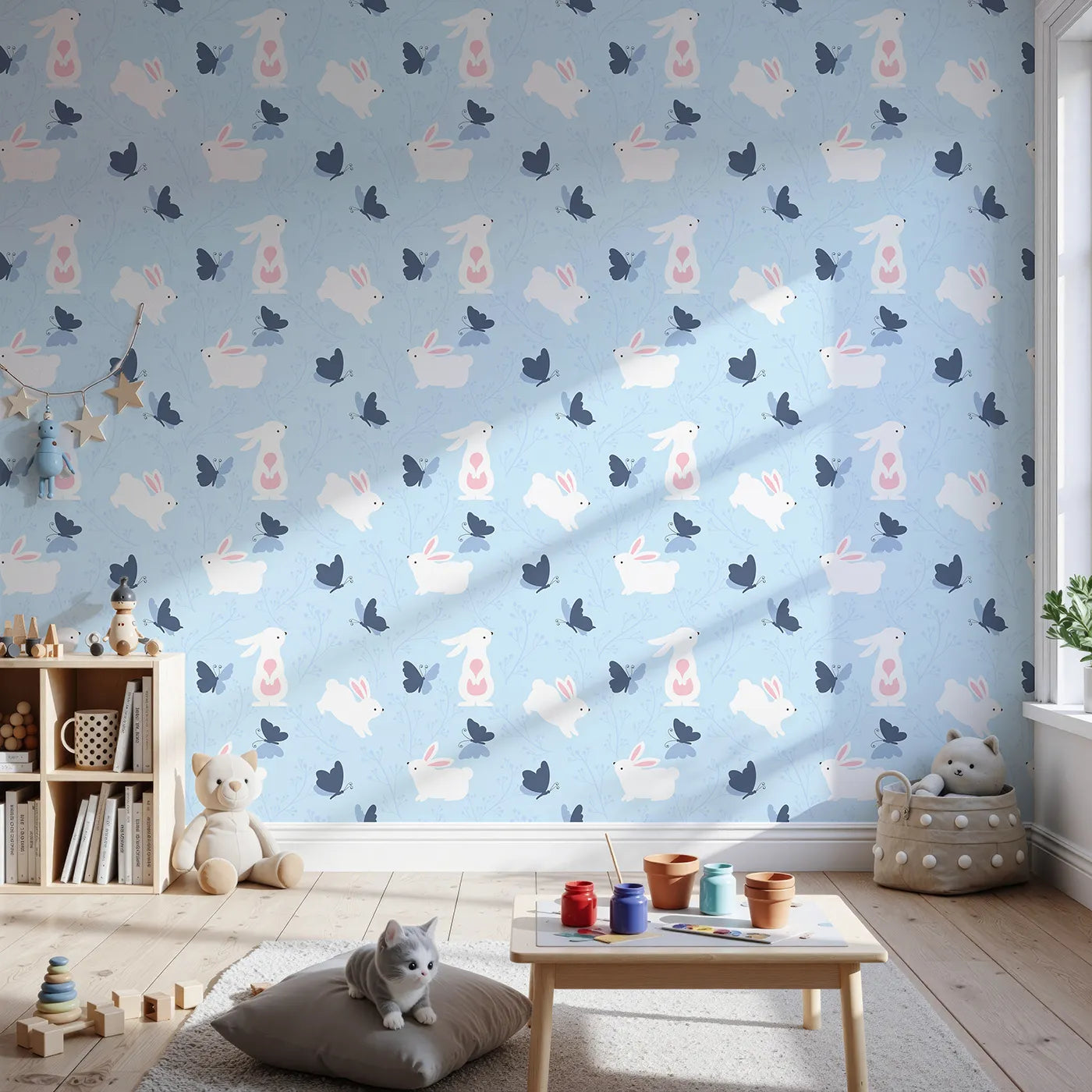 Front view of Whimsy Tots' Bunny and Butterfly Meadow Wallpaper in Blue