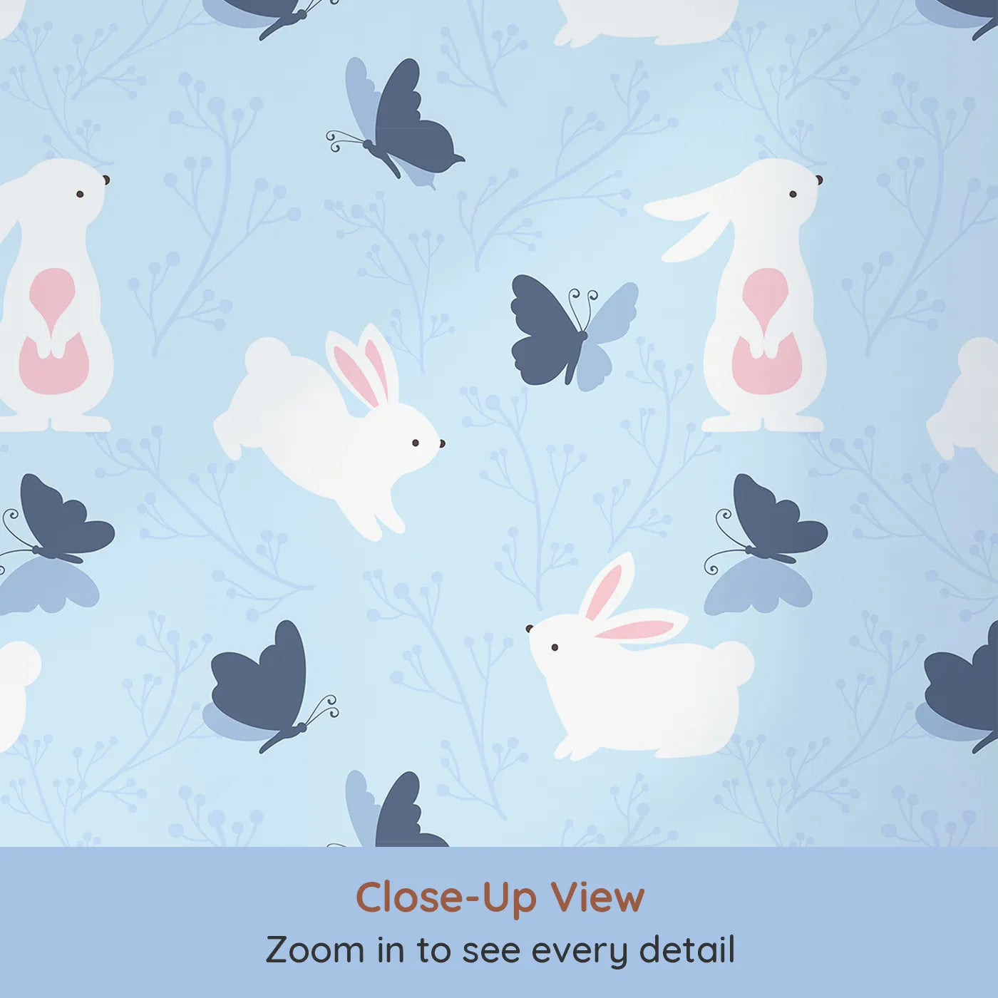 Close-up view of Whimsy Tots' Bunny and Butterfly Meadow Wallpaper in Blue (W3074D).White bunnies and blue butterflies flutter through a peaceful field.