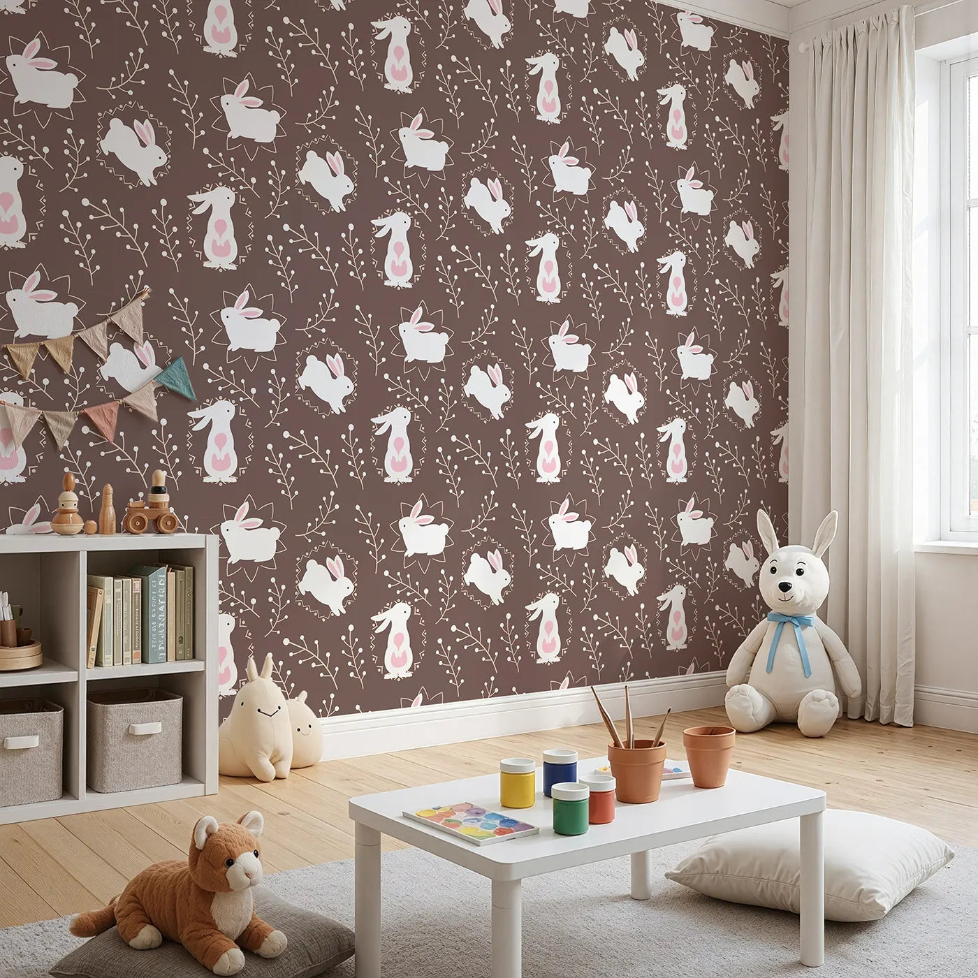 Angled view of Whimsy Tots' Tribal Bunny Sprigs Wallpaper in Cocoa Brown (W3075A).White bunnies with tribal accents hop through a cocoa-brown forest of sprigs.