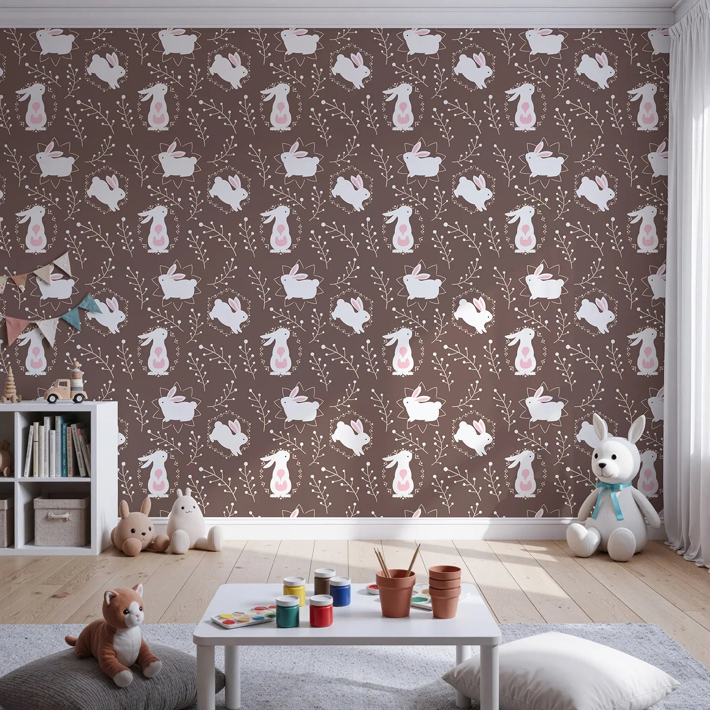 Front view of Whimsy Tots' Tribal Bunny Sprigs Wallpaper in Cocoa Brown