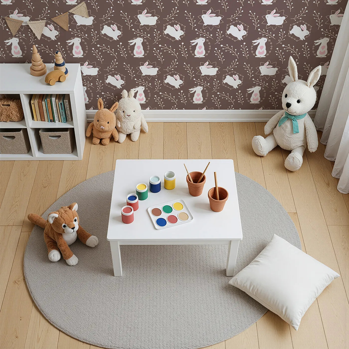 Top-Down view of Whimsy Tots' Tribal Bunny Sprigs Wallpaper in Cocoa Brown (W3075A).White bunnies with tribal accents hop through a cocoa-brown forest of sprigs.