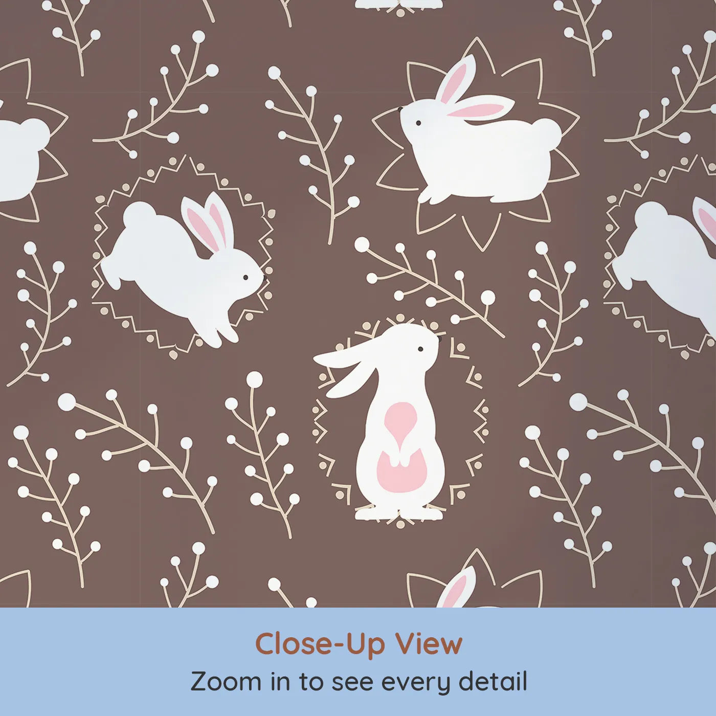 Close-up view of Whimsy Tots' Tribal Bunny Sprigs Wallpaper in Cocoa Brown (W3075A).White bunnies with tribal accents hop through a cocoa-brown forest of sprigs.