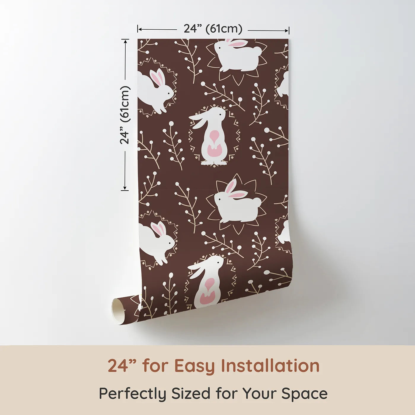 Dimension view of Whimsy Tots Tribal Bunny Sprigs Wallpaper in Cocoa Brown (W3075A). Printed in 24-inch-wide panel for easy installation. White bunnies with tribal accents hop through a cocoa-brown forest of sprigs.