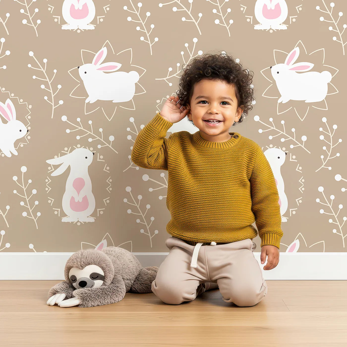 Lovely child standing in front of Whimsy Tots Tribal Bunny Sprigs Wallpaper in Taupe Beige with rabbit, bunny, sprig, leaf, tribal motif in design.