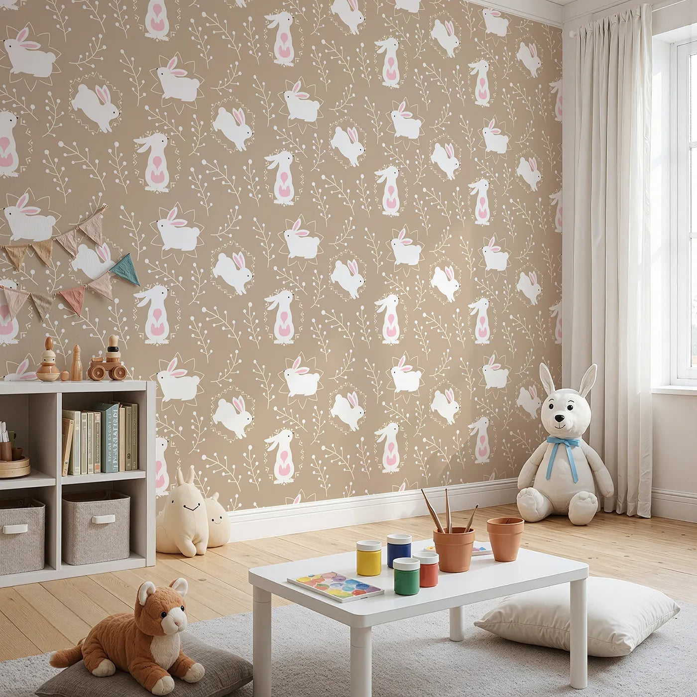 Angled view of Whimsy Tots' Tribal Bunny Sprigs Wallpaper in Taupe Beige (W3075B).White bunnies and tribal patterns nestle among creamy taupe sprigs.
