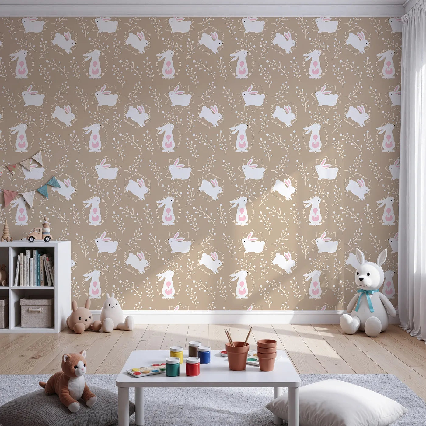 Front view of Whimsy Tots' Tribal Bunny Sprigs Wallpaper in Taupe Beige