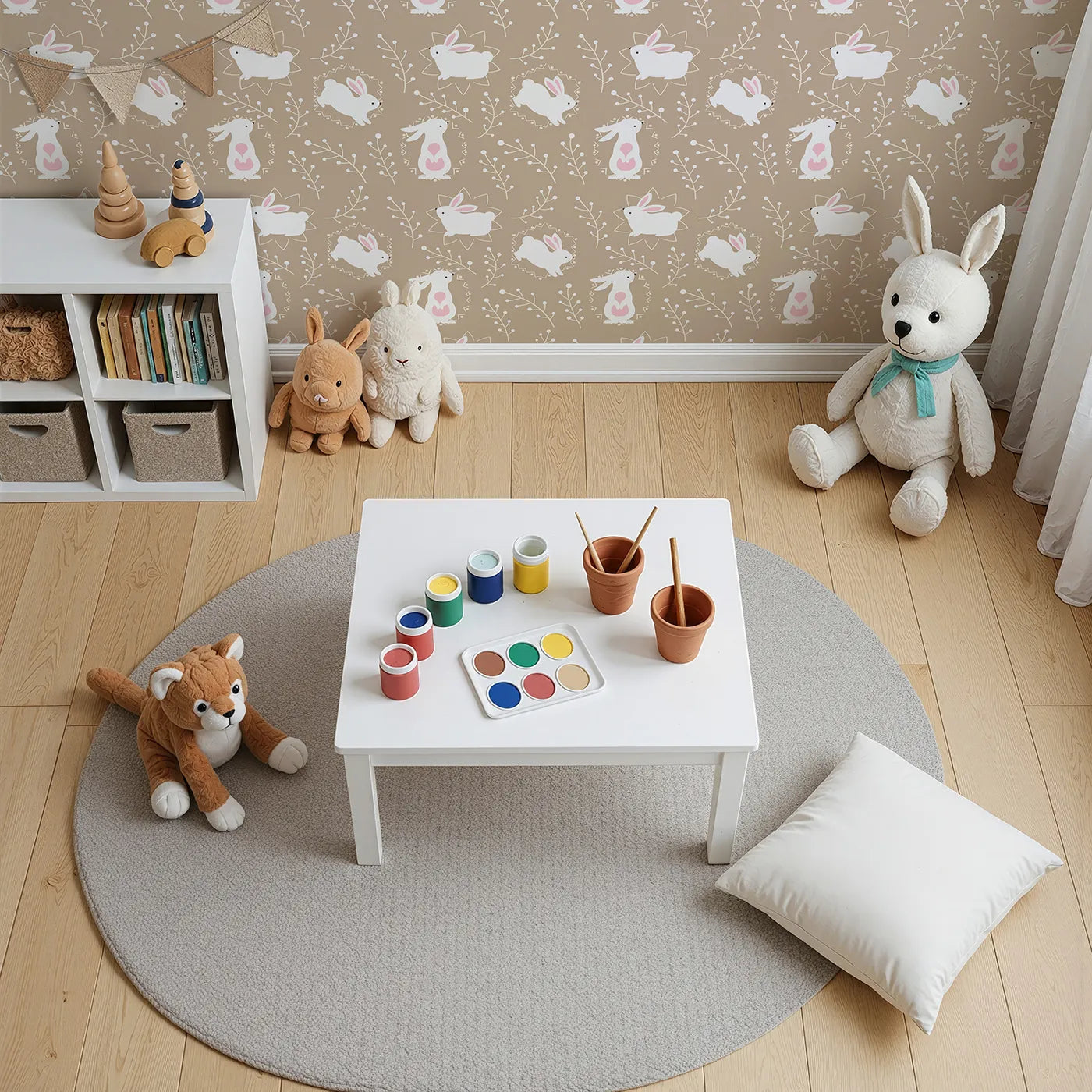 Top-Down view of Whimsy Tots' Tribal Bunny Sprigs Wallpaper in Taupe Beige (W3075B).White bunnies and tribal patterns nestle among creamy taupe sprigs.