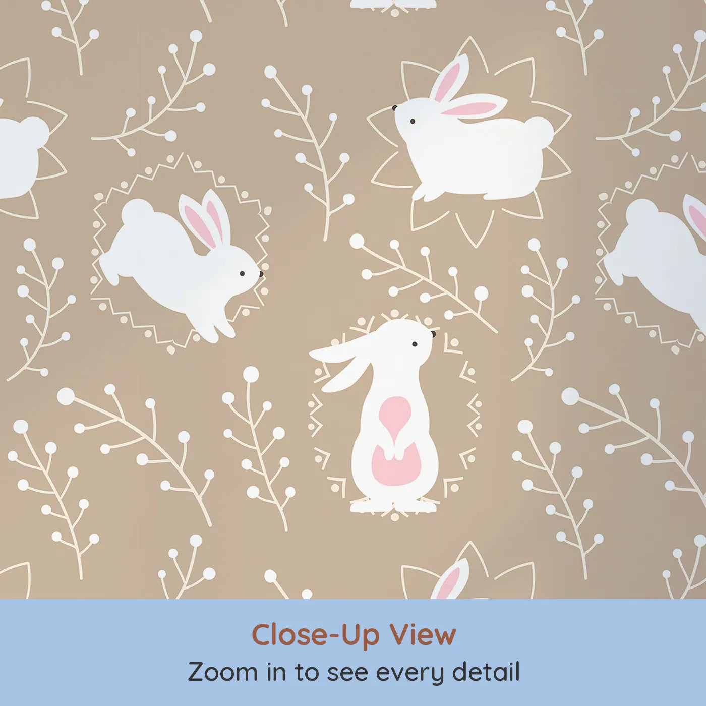 Close-up view of Whimsy Tots' Tribal Bunny Sprigs Wallpaper in Taupe Beige (W3075B).White bunnies and tribal patterns nestle among creamy taupe sprigs.
